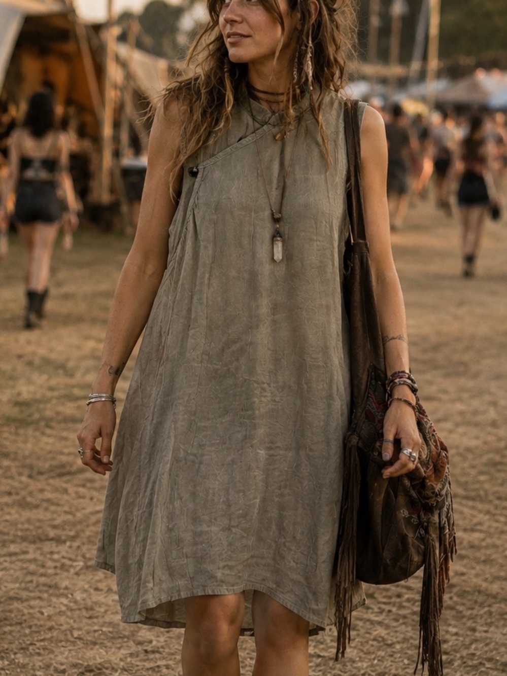 Oversized Pure Linen Distressed Midi Dress Tunic Slit Hem Boho Festival Grunge